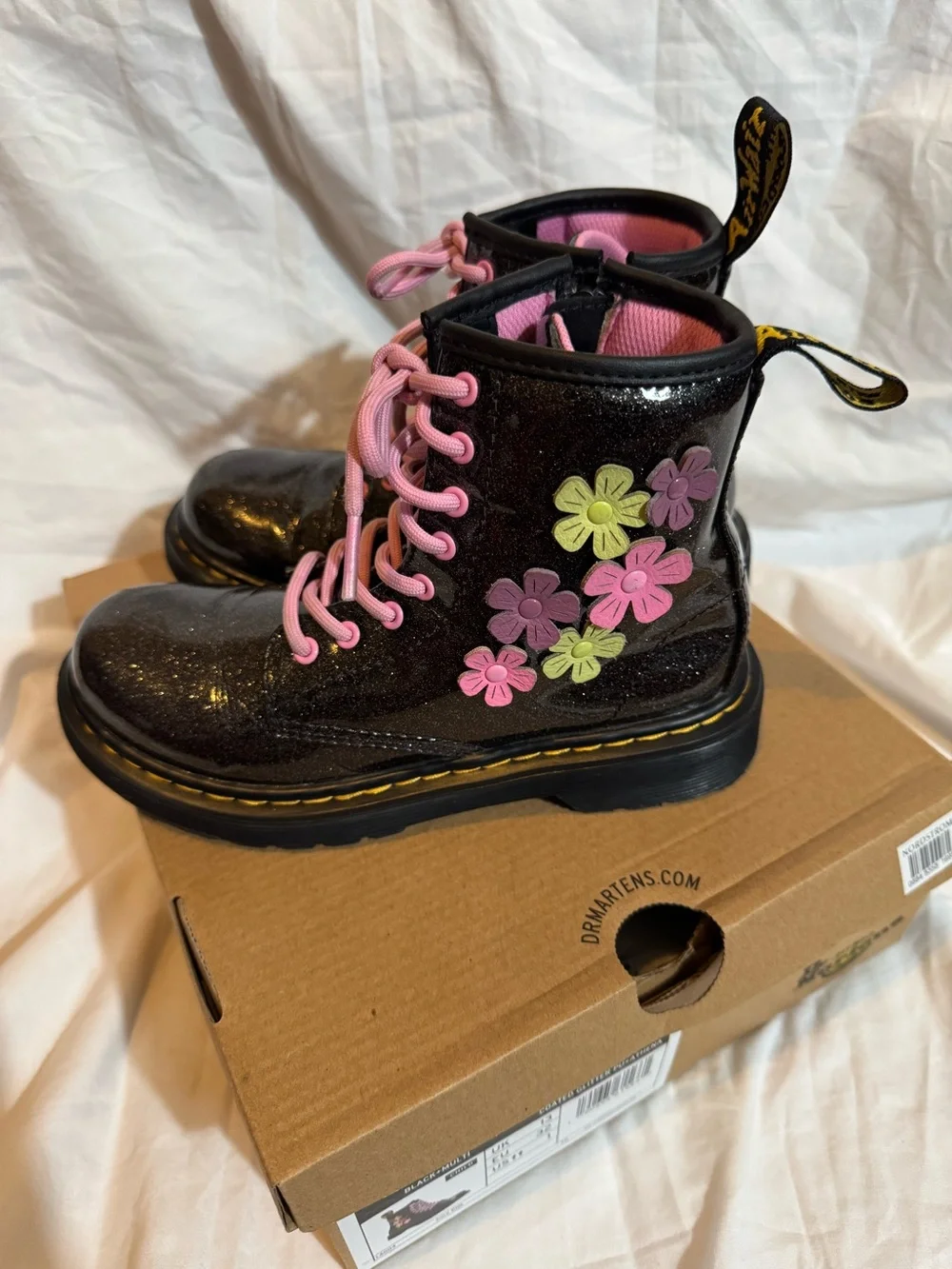 Dr. Martens Black Glitter Boots with Pink Laces and Floral Appliqués